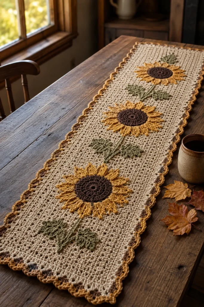 Long oatmeal crochet table runner with three golden sunflowers and olive leaves.