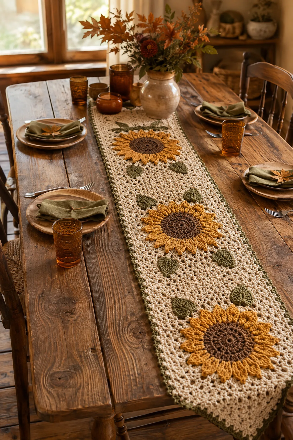 Finished autumn sunflower runner extending along a rustic dining table.