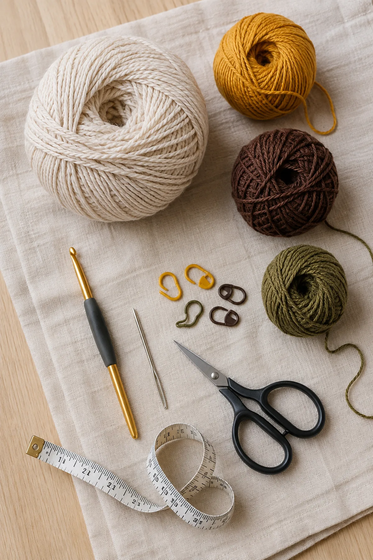 Oatmeal gold brown and olive yarn with tools for a sunflower table runner.