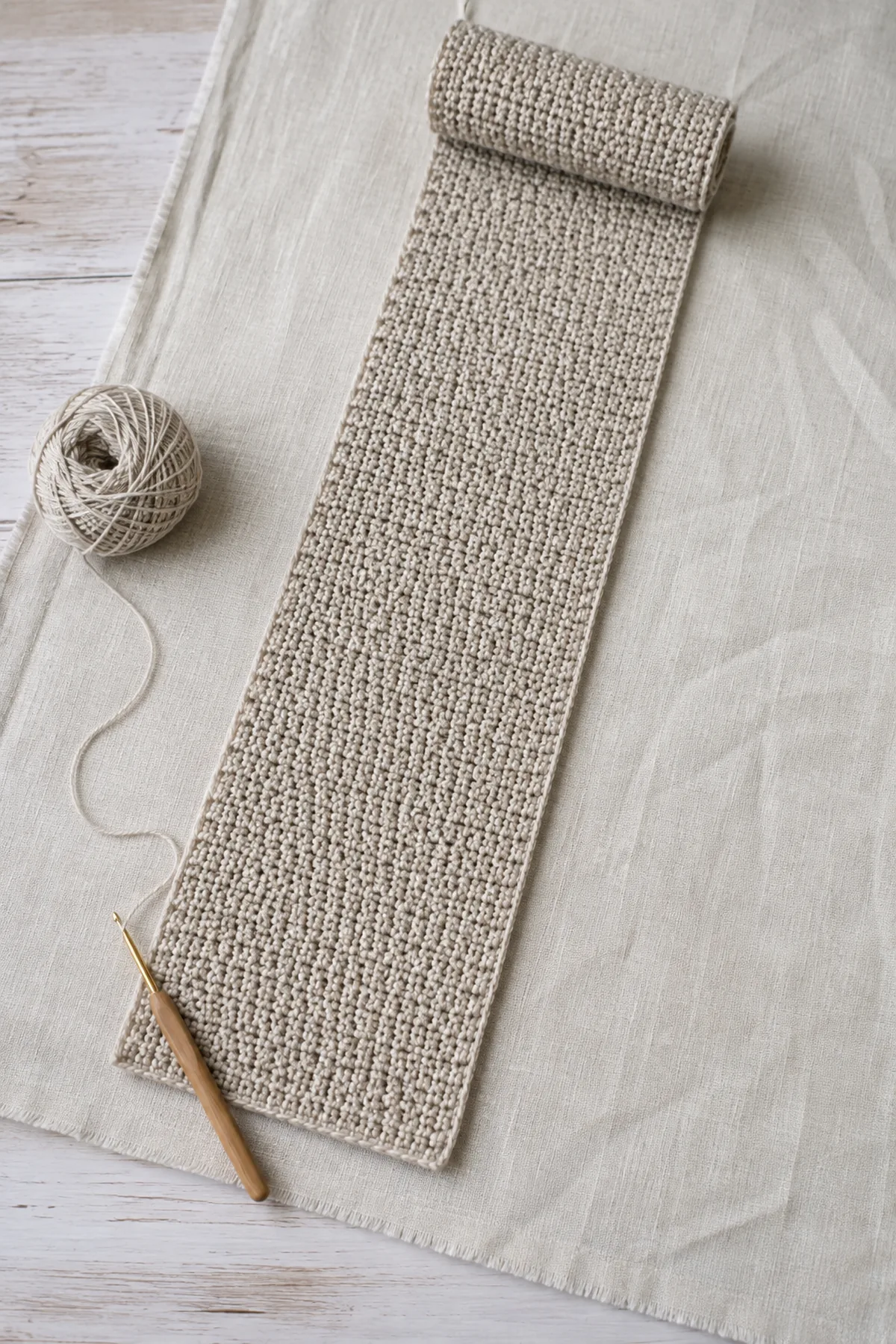 Long oatmeal crochet runner panel in progress with hook attached.
