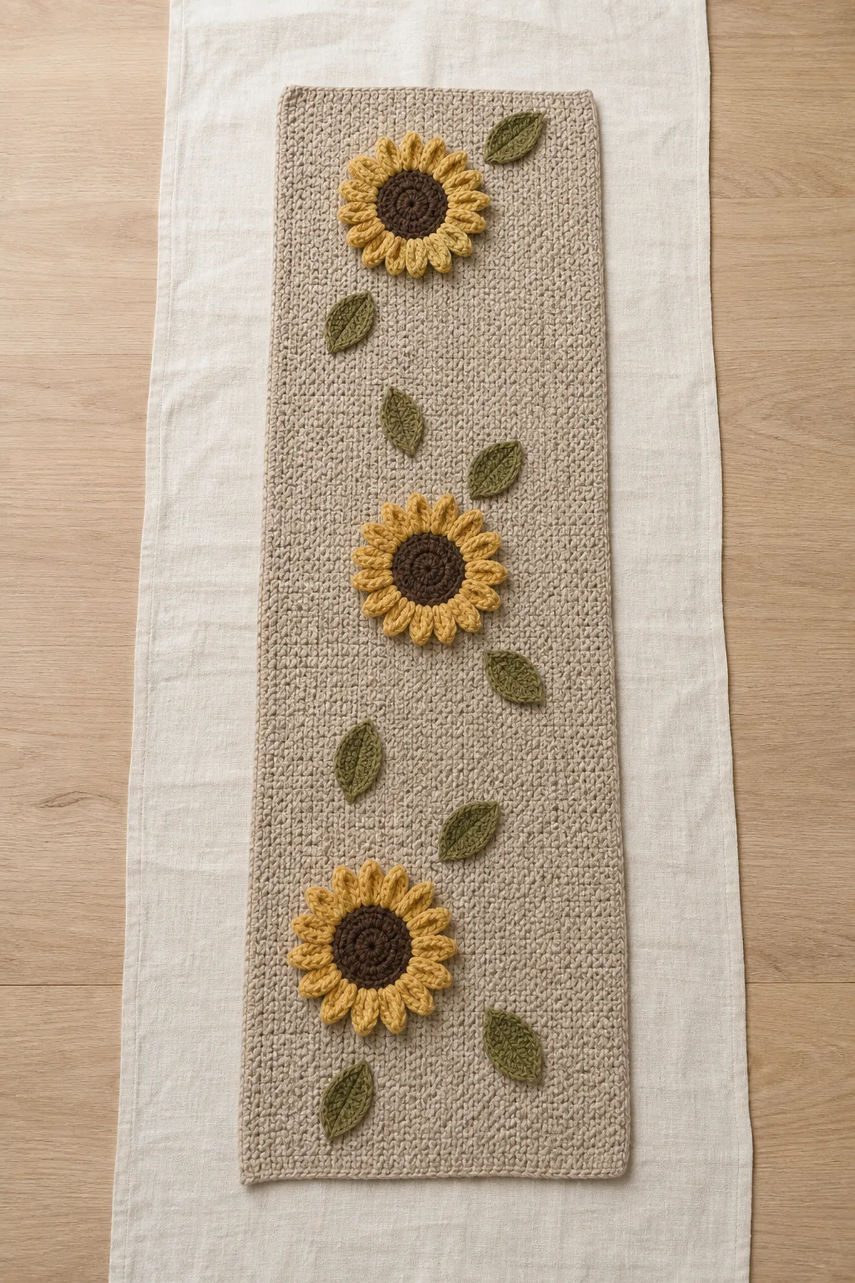 Sunflower motifs and leaves positioned on an unseamed oatmeal runner panel.