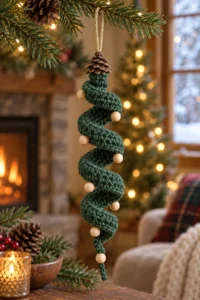 One elegant evergreen crochet spiral built from deep pine green stitch groups, with small matte wooden beads stitched at every third outer turn and a tiny flat pinecone-shaped cap at the top. A linen-gold hanging loop and one short evergreen tail finish the silhouette.