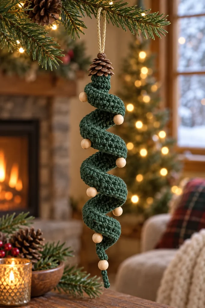One elegant evergreen crochet spiral built from deep pine green stitch groups, with small matte wooden beads stitched at every third outer turn and a tiny flat pinecone-shaped cap at the top. A linen-gold hanging loop and one short evergreen tail finish the silhouette.