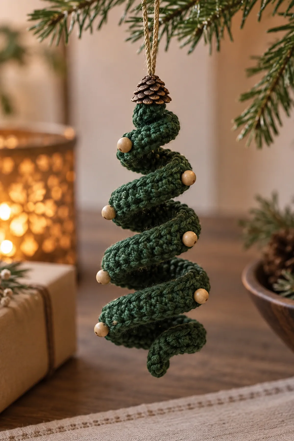 Finished Beaded Spiral Pine Ornament in a home setting