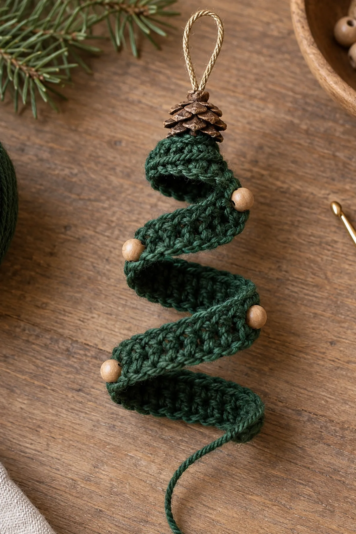 Early crochet construction for Beaded Spiral Pine Ornament