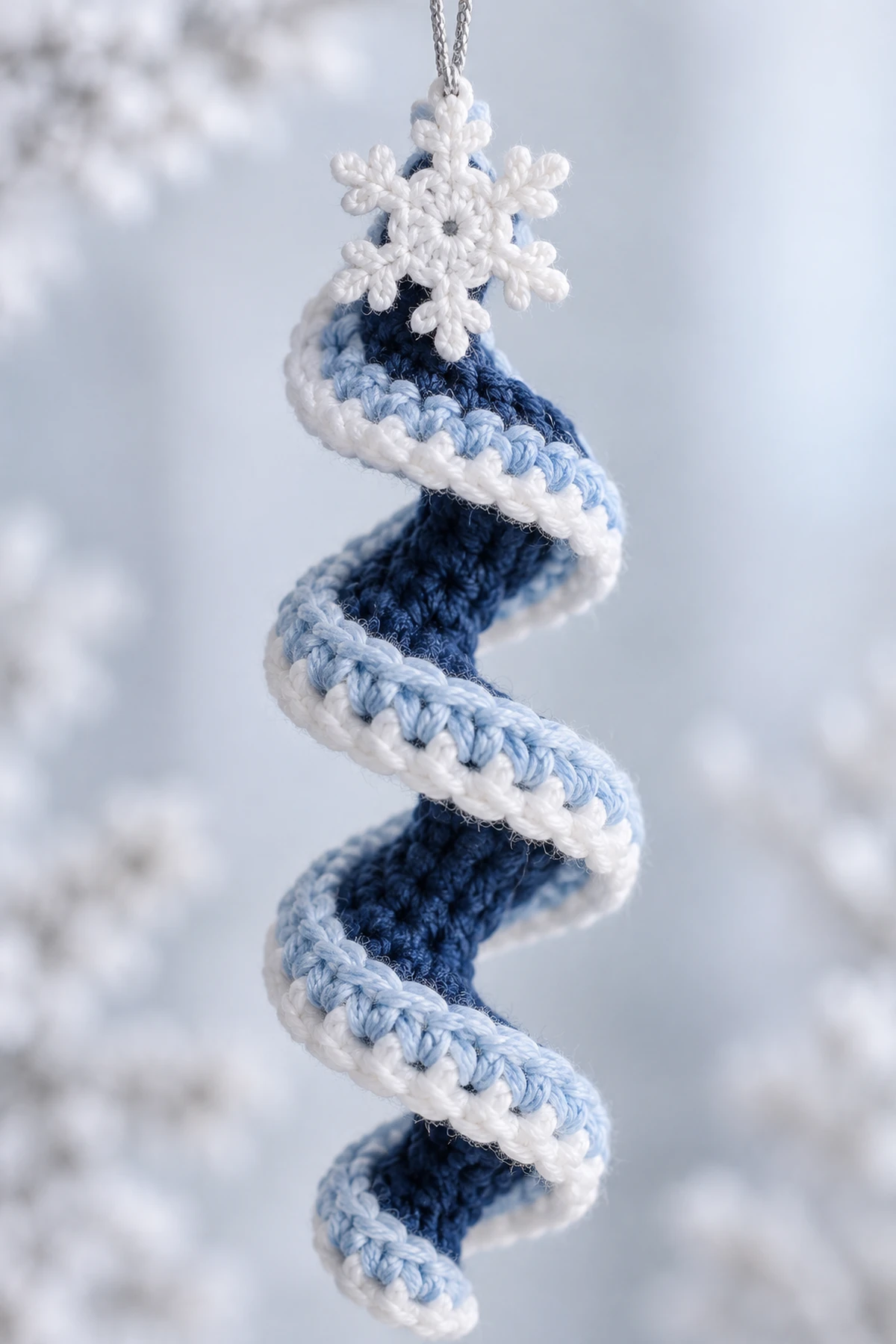 Blue Winter Crochet Spiral Ornaments: detail view.