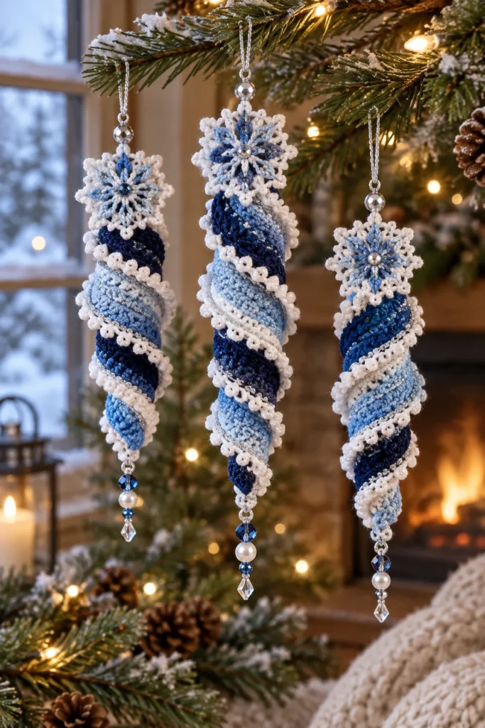 Finished Blue Winter Crochet Spiral Ornaments crochet project displayed clearly.