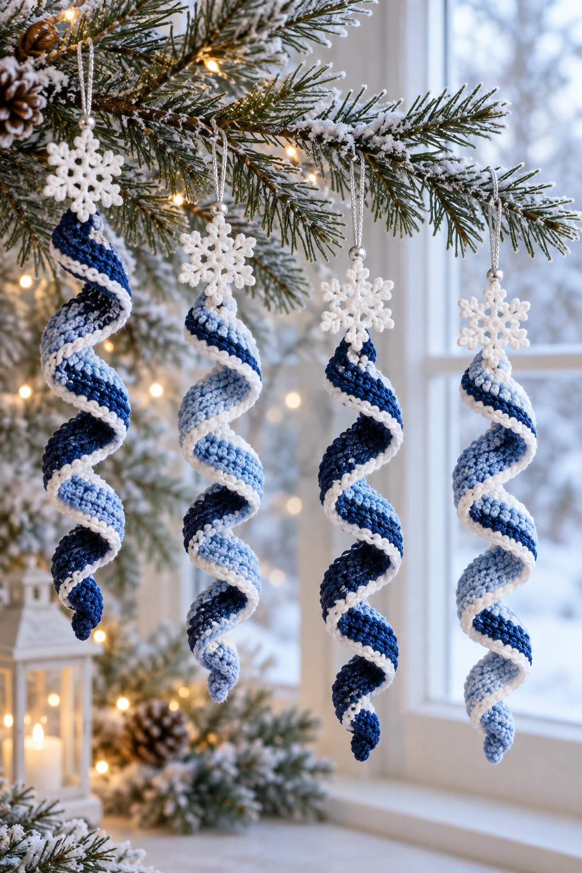 Blue Winter Crochet Spiral Ornaments: final lifestyle view.