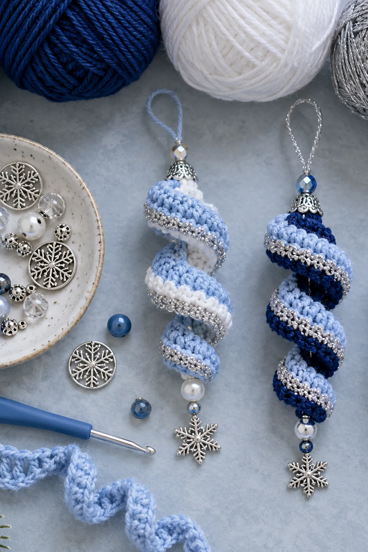 Blue Winter Crochet Spiral Ornaments: materials view.