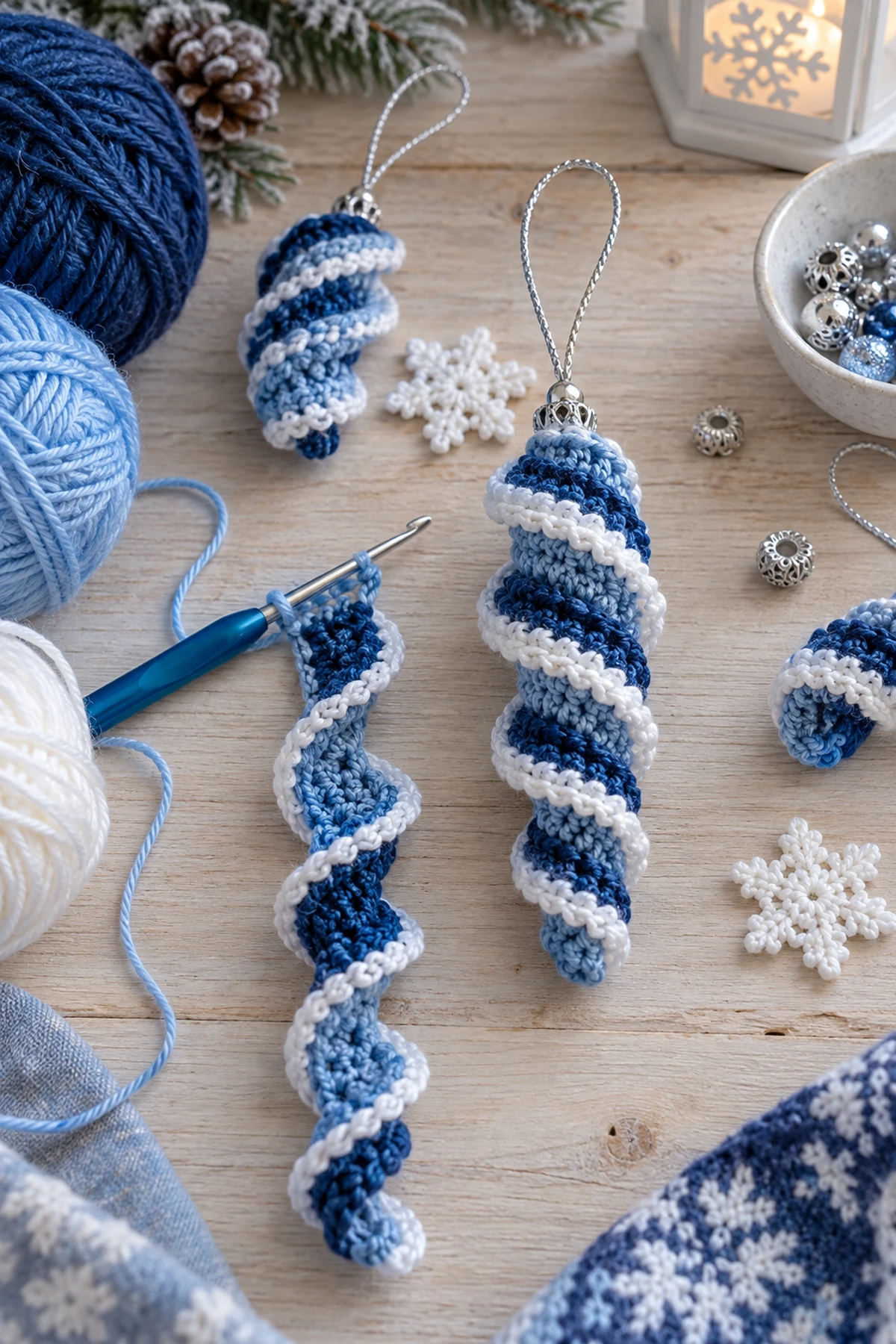 Blue Winter Crochet Spiral Ornaments: progress 01 view.
