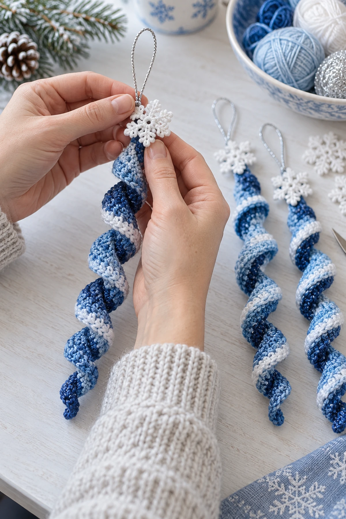 Blue Winter Crochet Spiral Ornaments: progress 02 view.