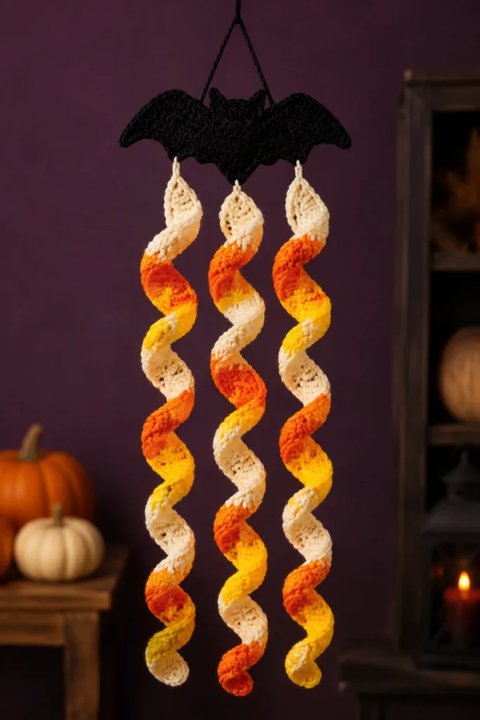 Black crochet bat hanger with three cream orange and yellow Halloween corkscrew streamers.