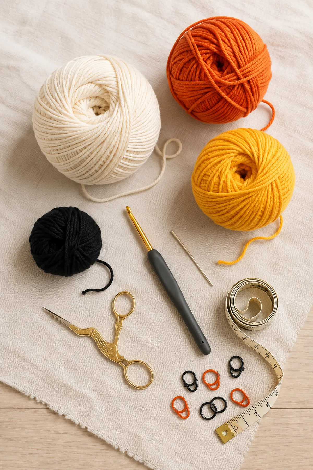 Candy corn colored yarn black yarn and crochet tools for a Halloween spiral.