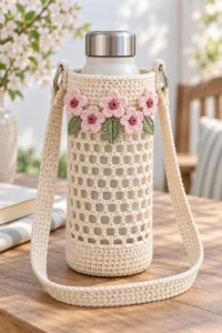 Finished warm cream crochet bottle holder with a shoulder strap, five pink cherry blossoms, three sage leaves, and metal D-rings