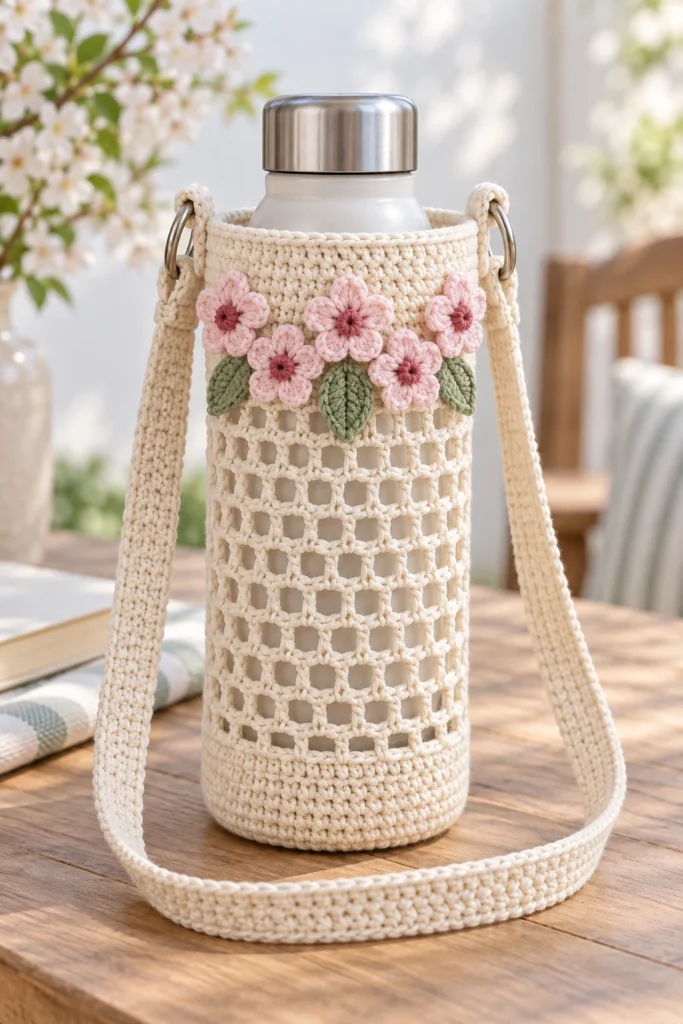 Finished warm cream crochet bottle holder with a shoulder strap, five pink cherry blossoms, three sage leaves, and metal D-rings