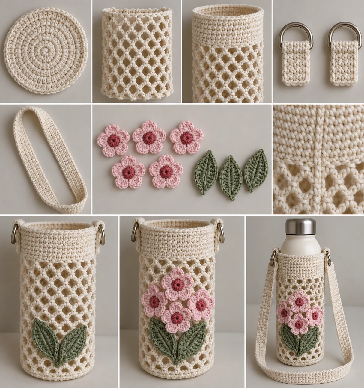 Construction collage showing the circular base, mesh sleeve, D-ring tabs, strap, cherry blossoms, leaves, and final assembly