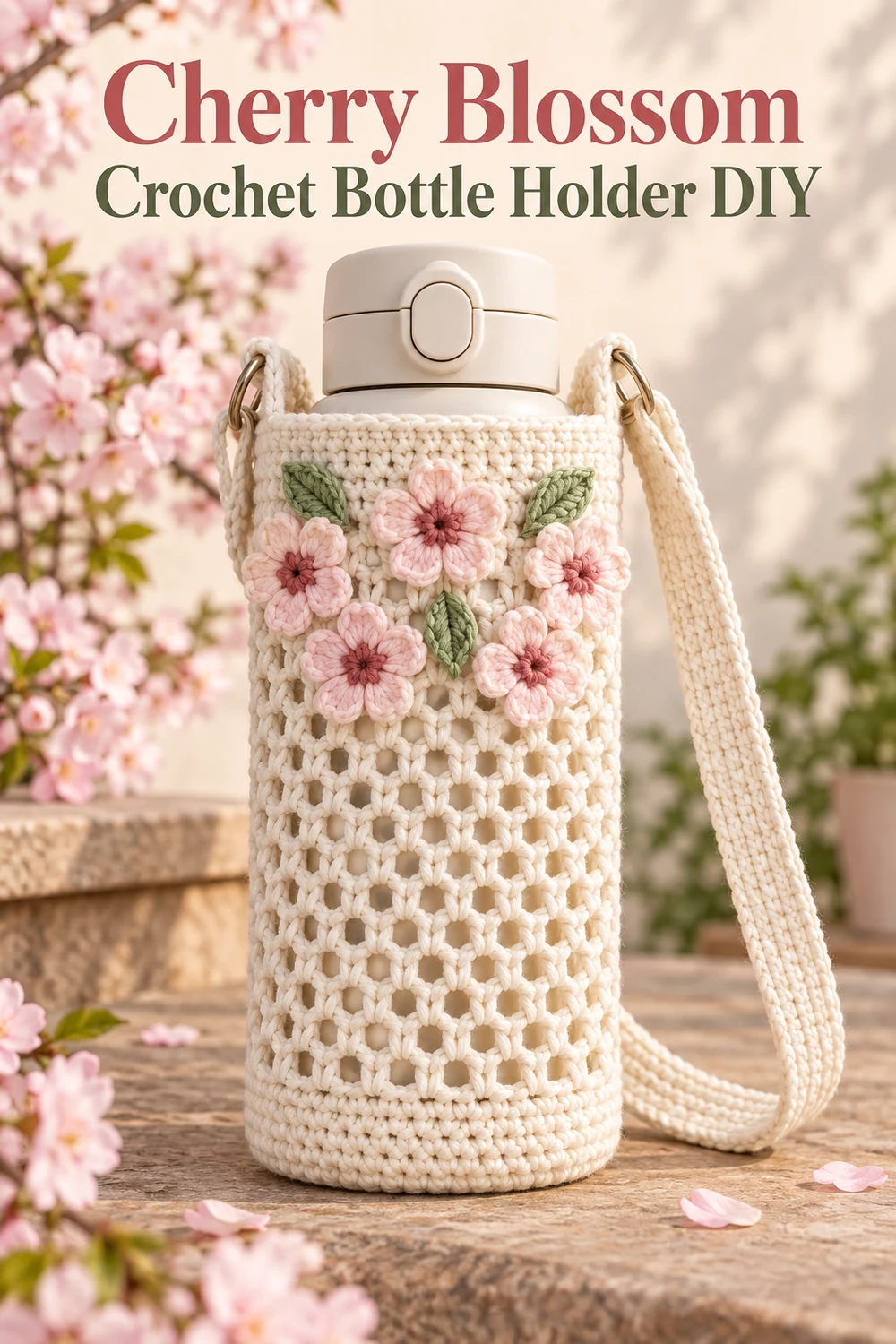 Vertical Cherry Blossom Crochet Bottle Holder DIY pattern graphic featuring the finished floral bottle carrier