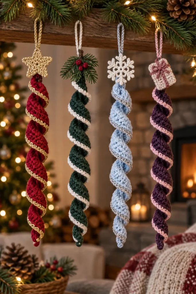 A coordinated collection of four narrow Christmas crochet spirals: cranberry with gold edge, spruce with ivory edge, icy blue with silver edge, and plum with blush edge. Each has a distinct small top motif—a flat star, pine sprig, snowflake disc, or tiny gift tag—plus a simple hanging loop; no tassels.