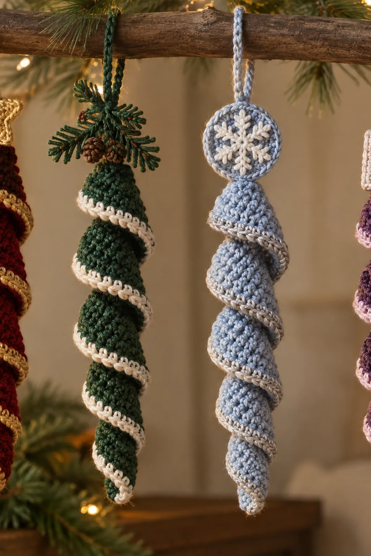 Finished Christmas Crochet Spiral Ornaments in a home setting