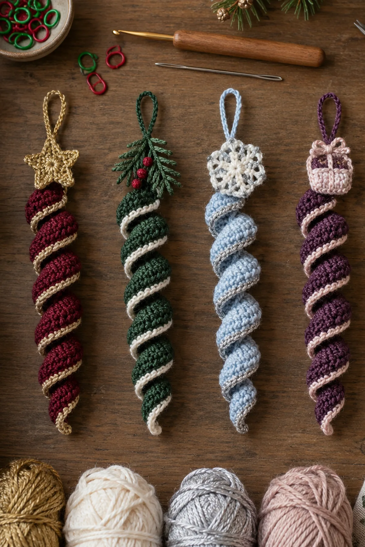Materials for Christmas Crochet Spiral Ornaments