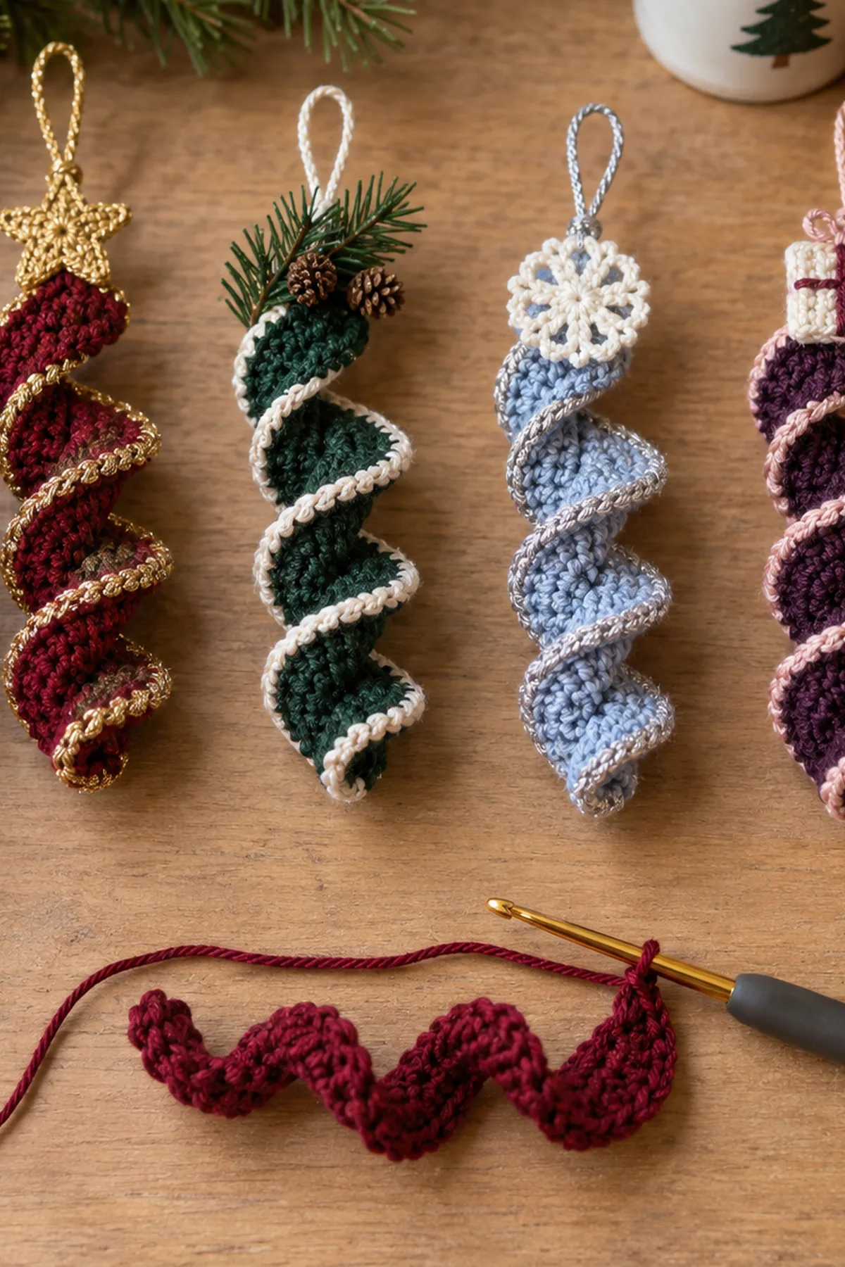Early crochet construction for Christmas Crochet Spiral Ornaments