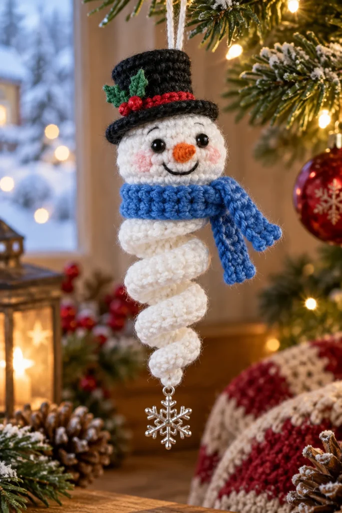 Finished Christmas Snowman Winter Spiral Free Pattern crochet project displayed clearly.