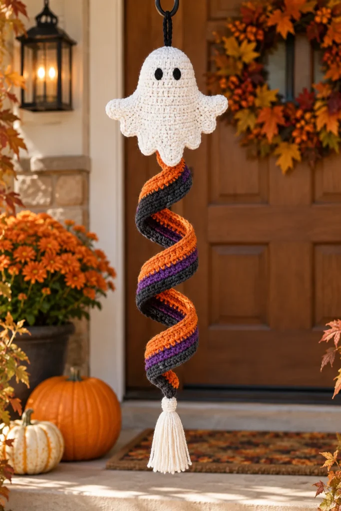Complete cream star Christmas spiral hanging in cranberry teal and gold beside warm greenery.