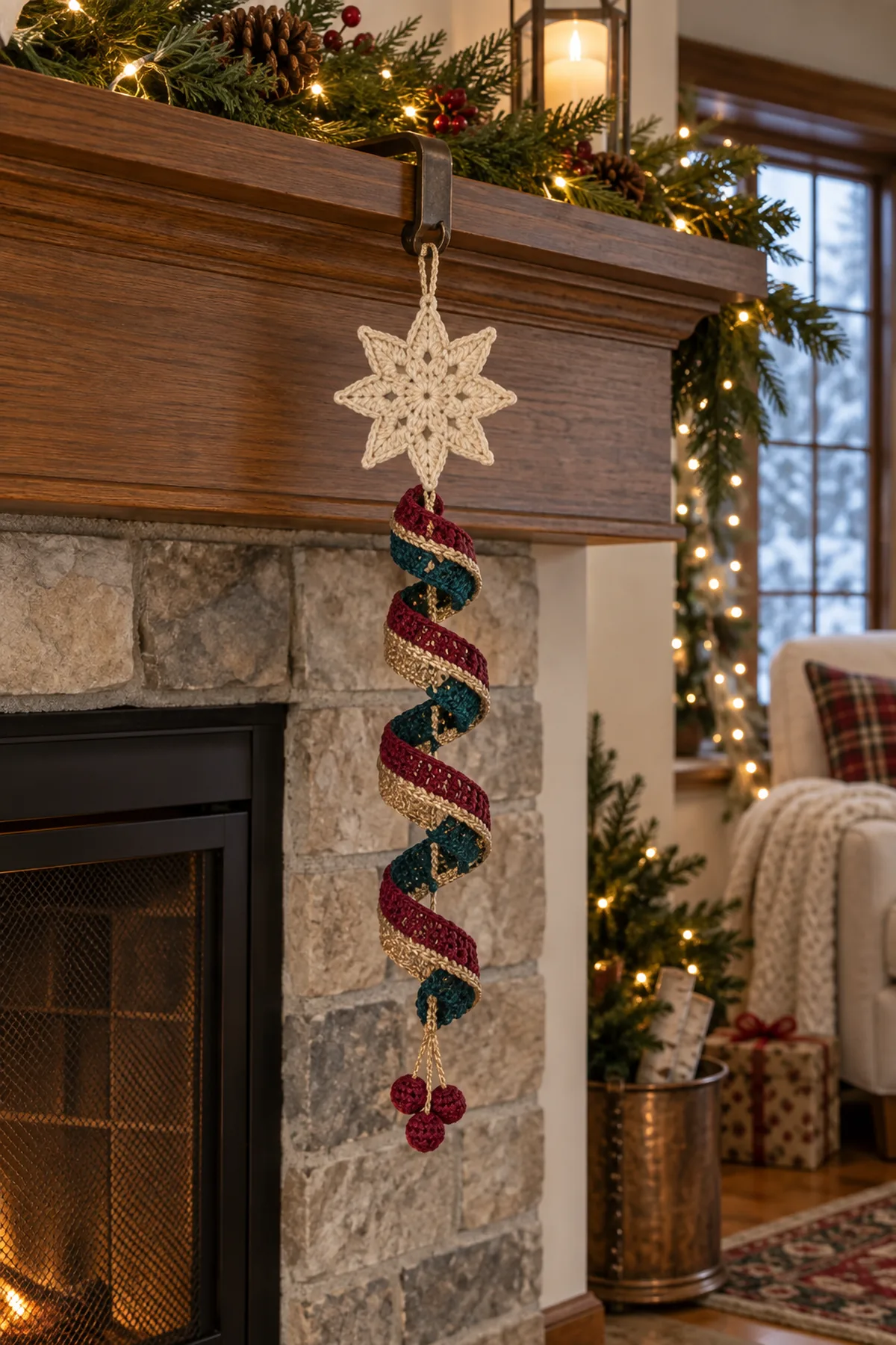 Finished star Christmas spiral hanging displayed above a cozy mantel.