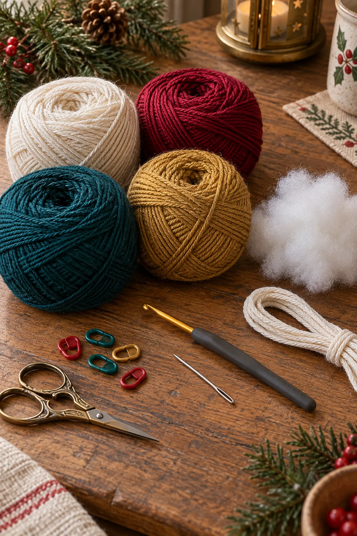Cream cranberry teal and gold yarn with tools and cord for a Christmas spiral hanging.