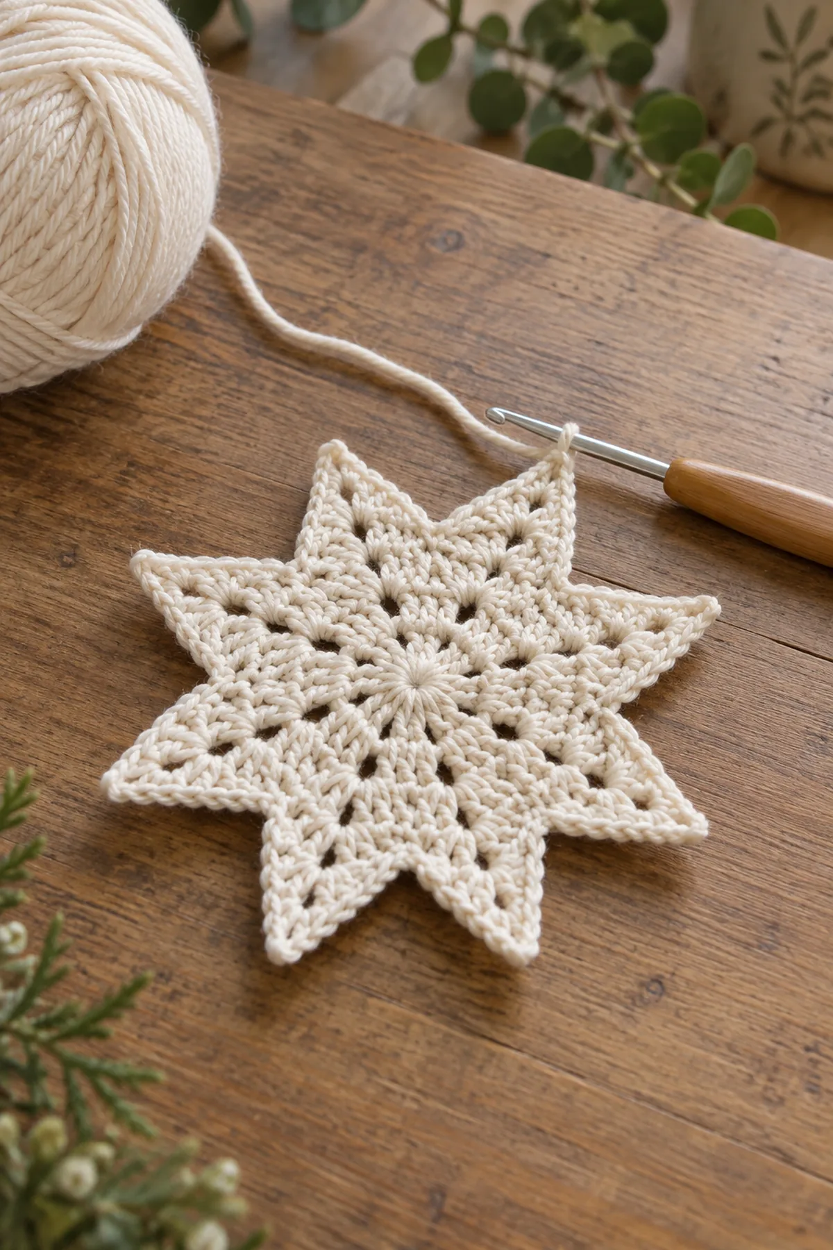 Eight-point cream crochet star in progress on a holiday craft table.
