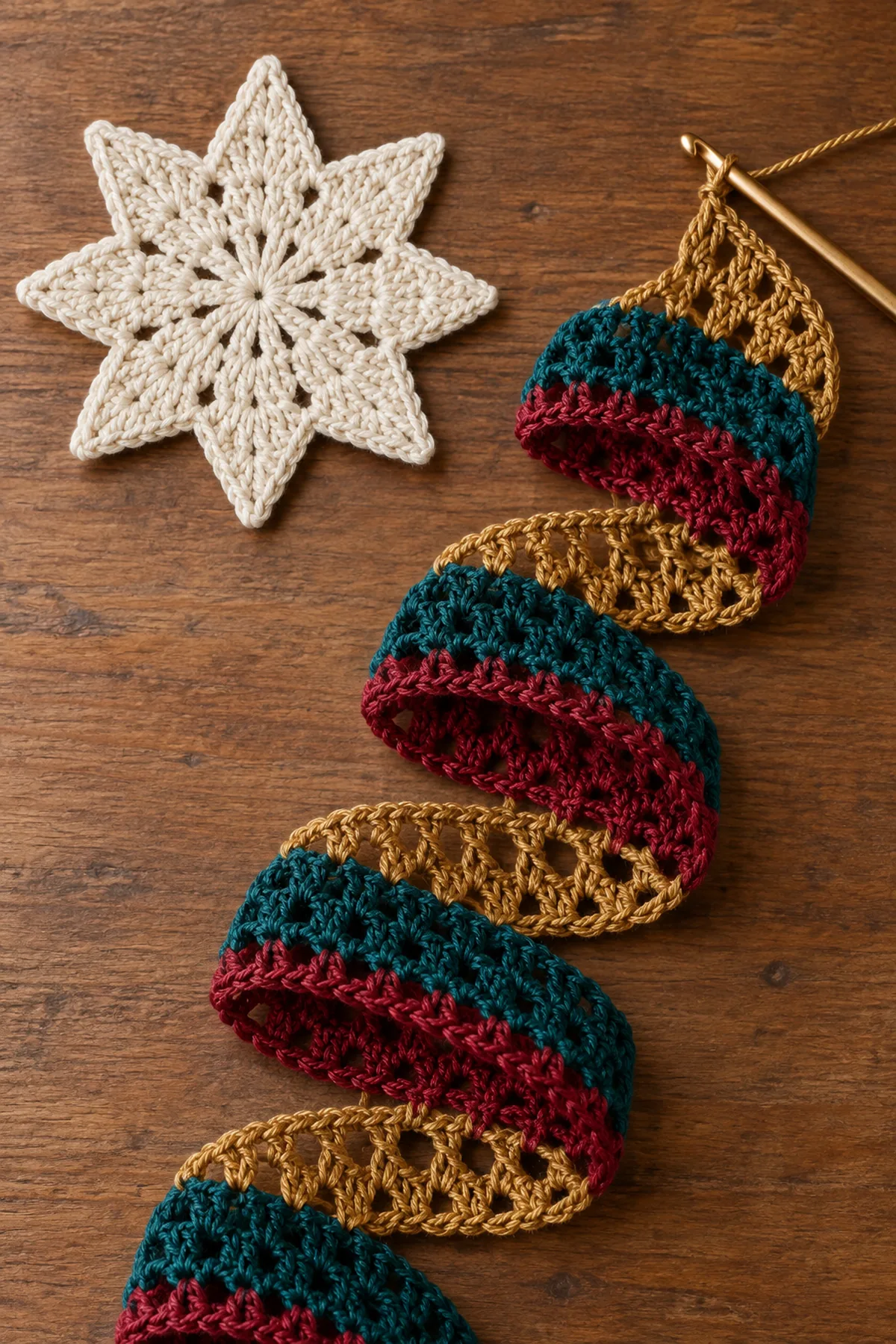 Cream crochet star beside an unfinished cranberry teal and gold spiral.