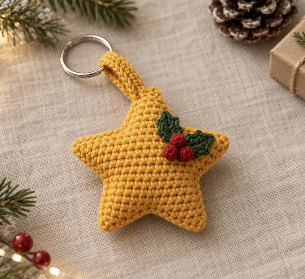 Finished golden yellow crochet Christmas star keychain with two green holly leaves, three red berries, and a metal split ring