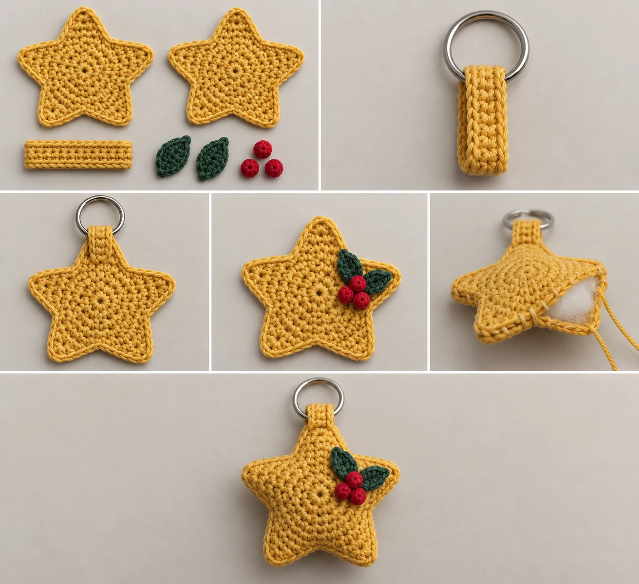 Multi-panel construction collage showing the matching crochet star panels, connector strap, holly leaves, berries, and stuffed star assembly