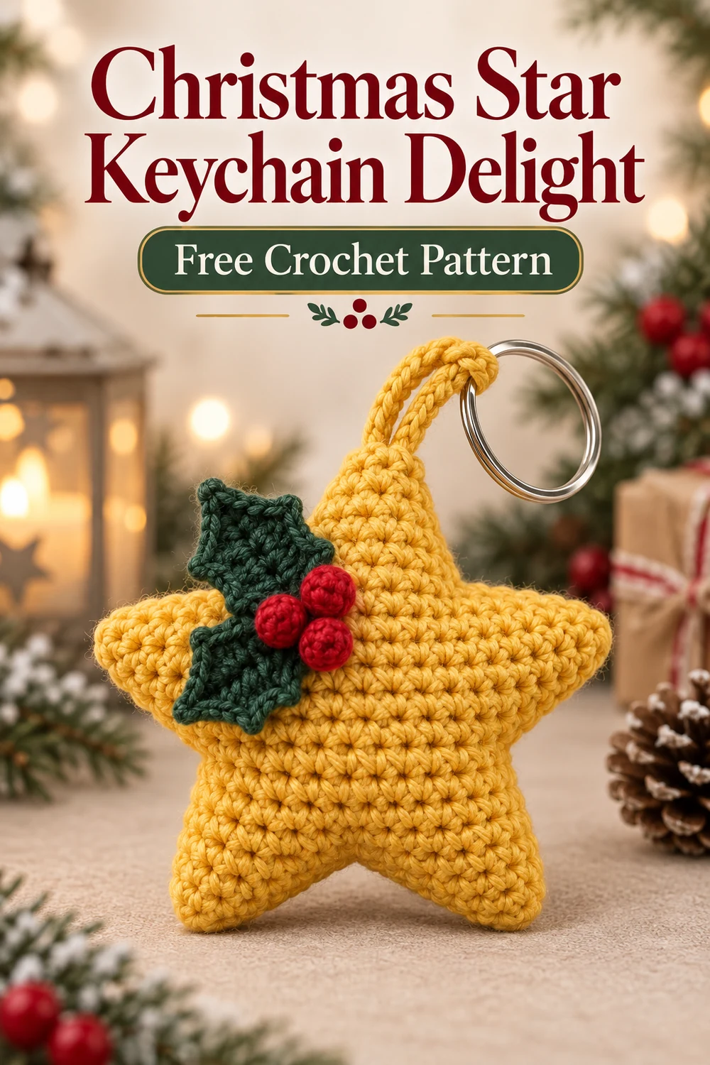 Vertical Pinterest graphic for the Christmas Star Keychain Delight crochet pattern featuring a golden stuffed star keychain with holly and berries