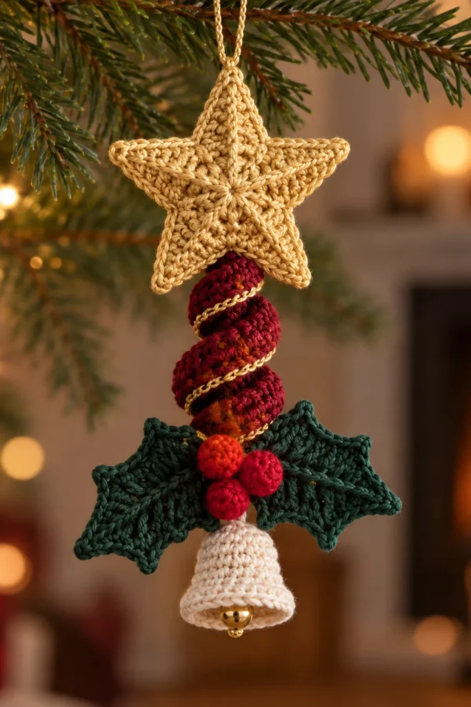Finished Christmas Star, Spiral & Holly Bell Ornament crochet project displayed clearly.