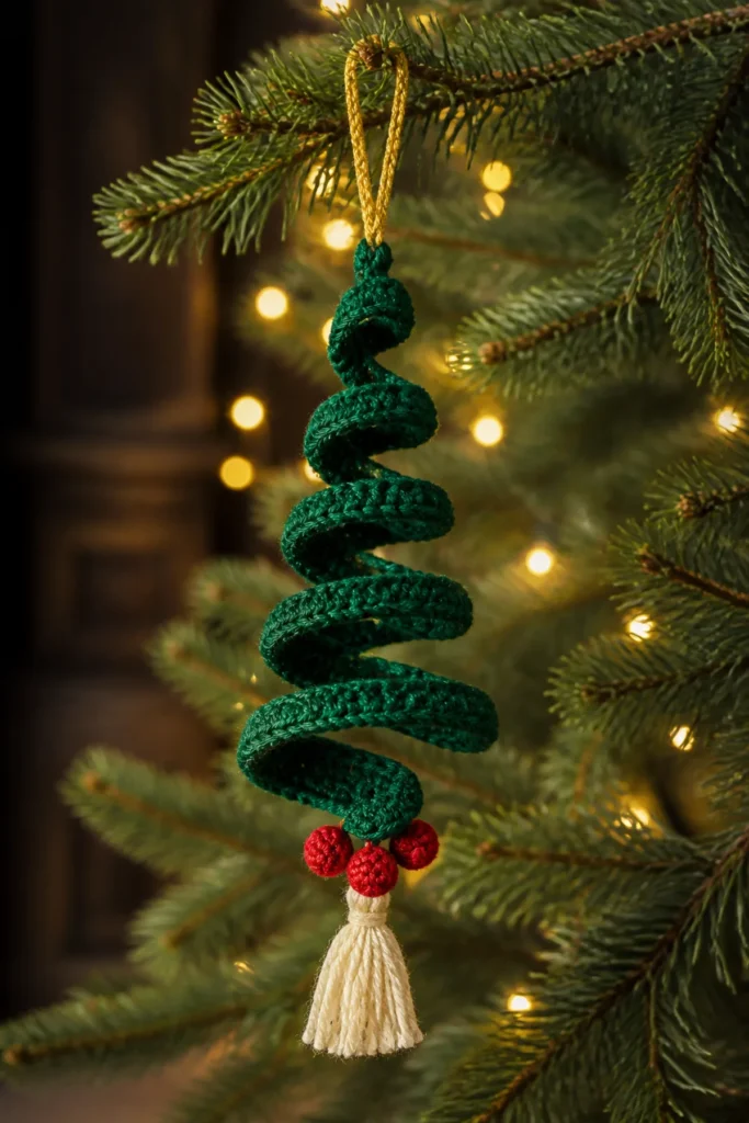 Deep green Christmas crochet spiral with red bobbles gold loop and cream tassel on a tree.