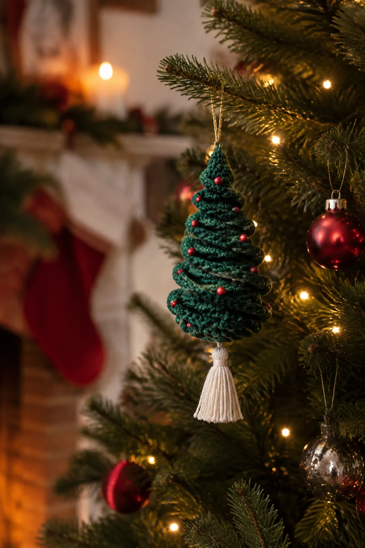 Classic green Christmas spiral ornament hanging among warm tree lights.