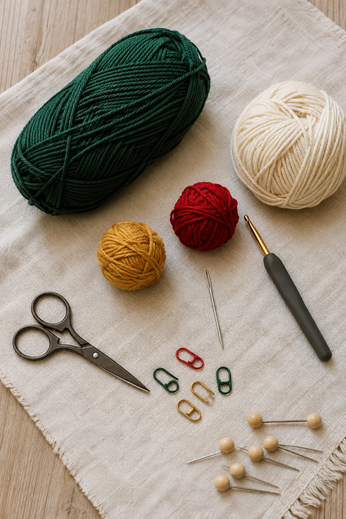 Green red gold and cream yarn with tools for a Christmas spiral ornament.