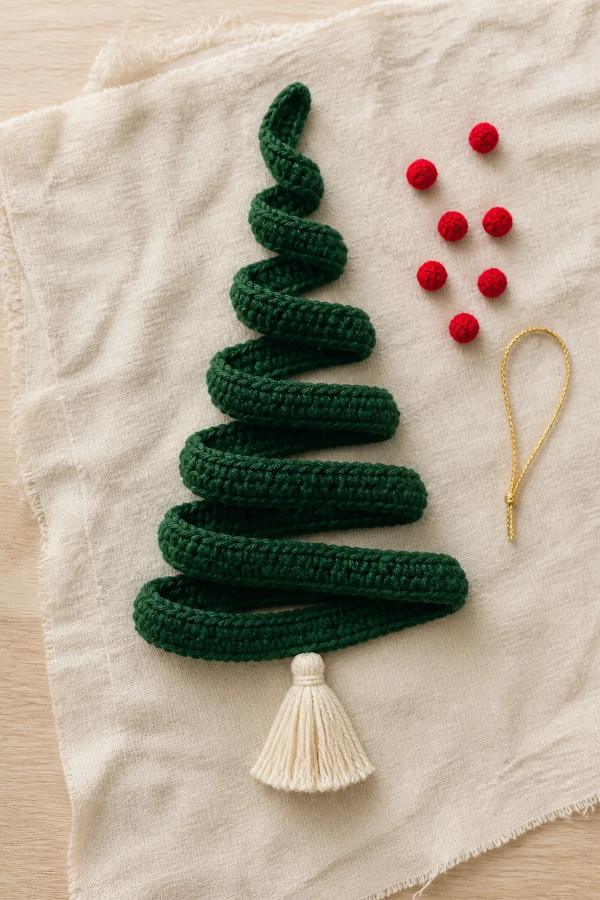 Completed green spiral with separate red bobbles tassel and hanging loop ready to assemble.