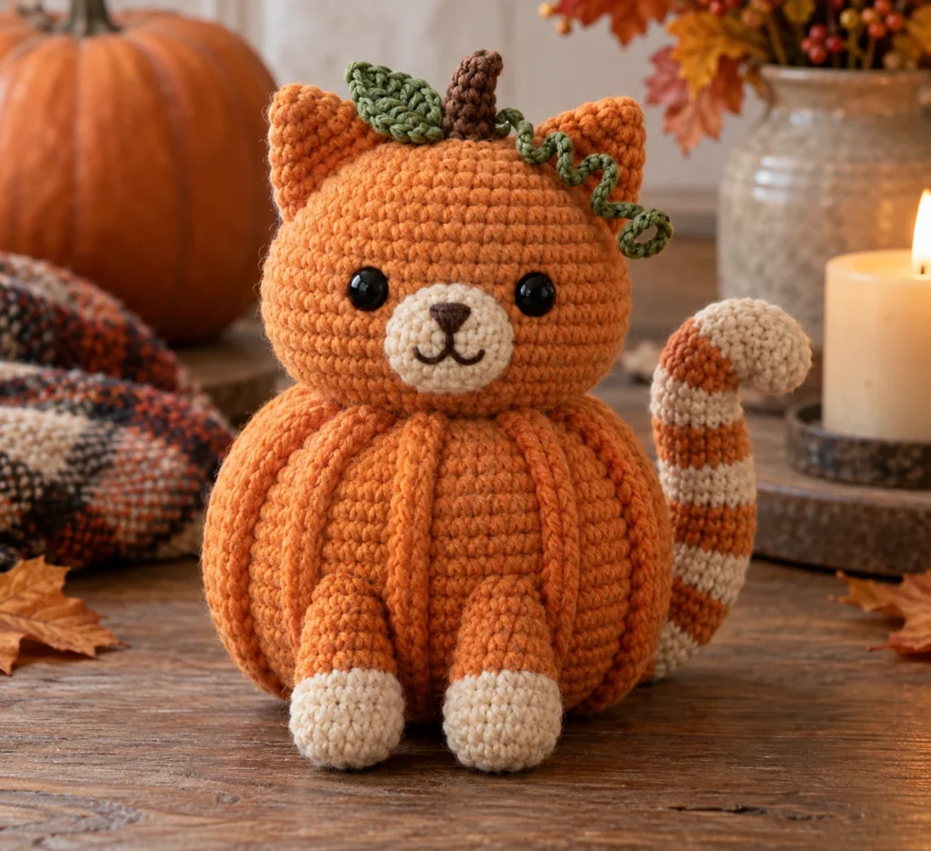 Finished Cozy Pumpkin Cat Amigurumi with an orange pumpkin torso, cream paws, striped tail, green leaf, and curled vine