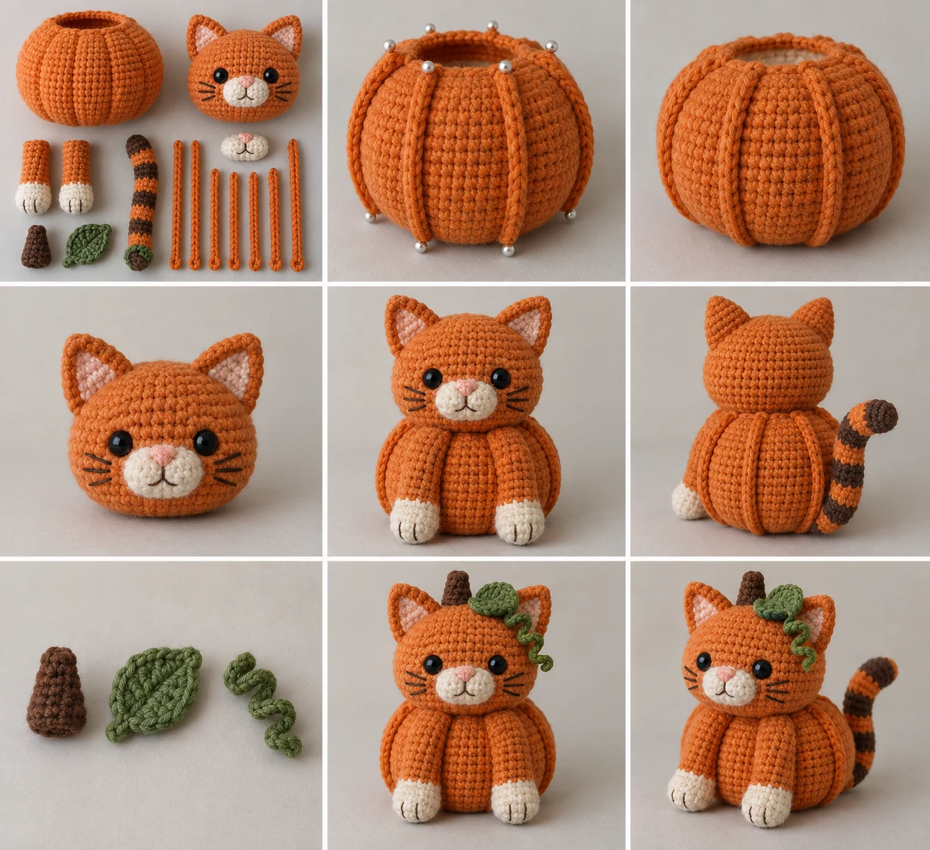 Construction collage showing the crocheted components and assembly of the Cozy Pumpkin Cat Amigurumi