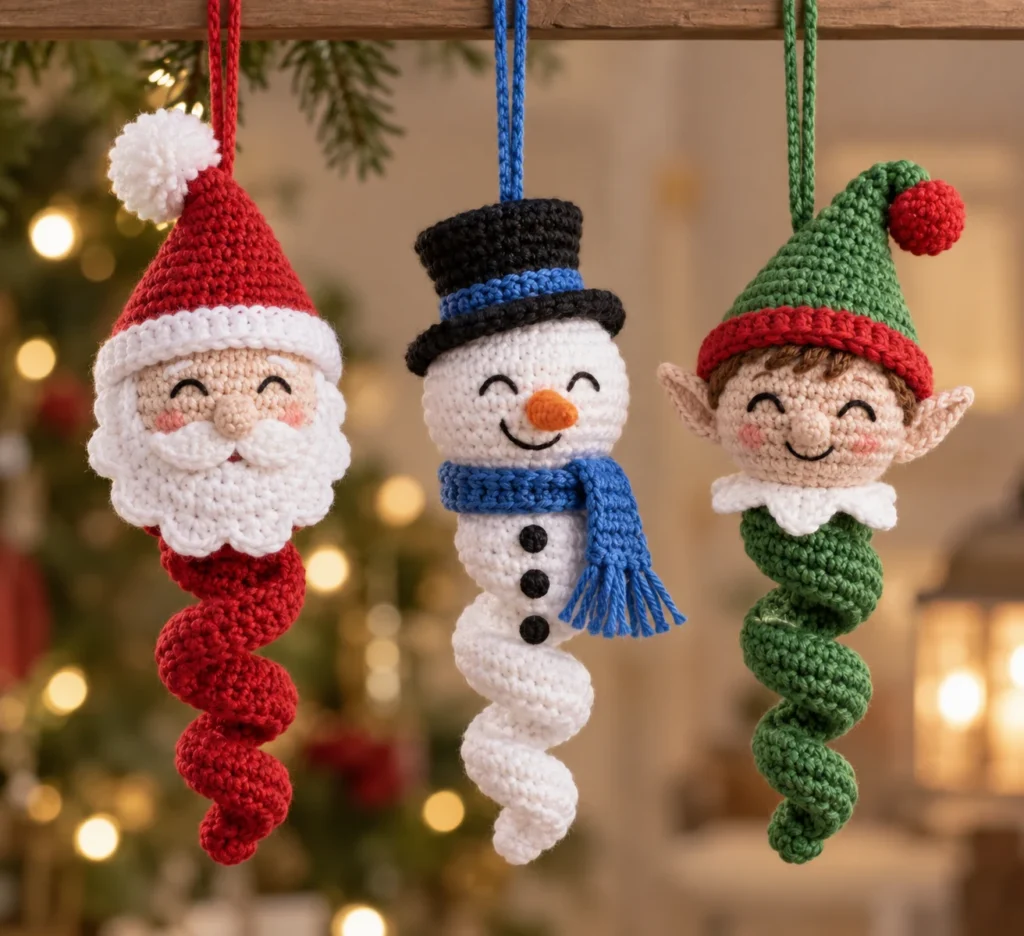 Finished crochet Santa, snowman, and elf character ornaments with colorful spiral bodies