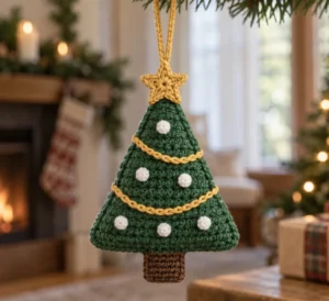 Finished evergreen crochet Christmas tree ornament with a brown trunk, gold stars and garlands, six white snow dots, and a gold hanging loop