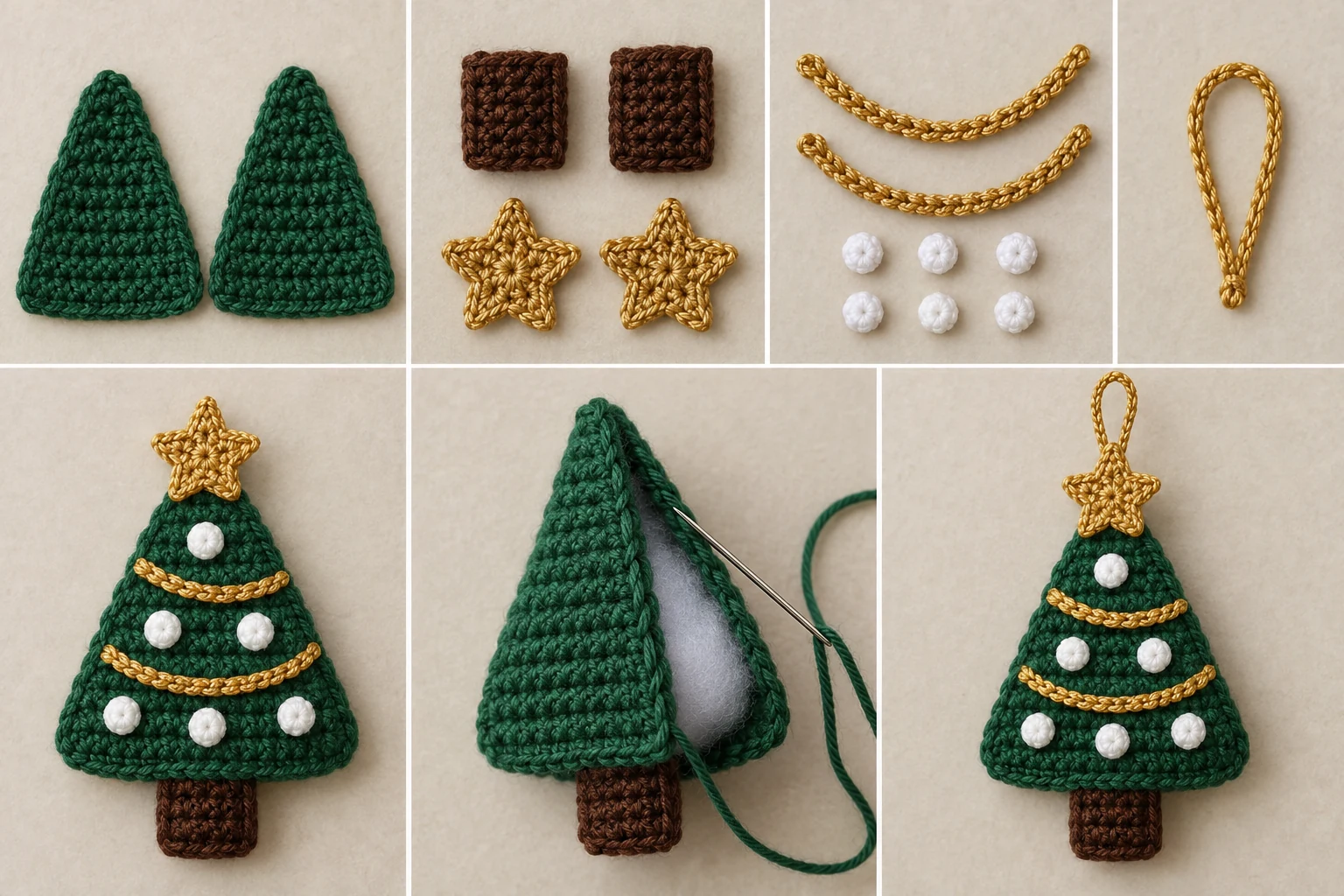 Construction collage showing the crocheted tree panels, trunk panels, gold stars, chain garlands, snow dots, hanging loop, decoration placement, stuffing, and assembly