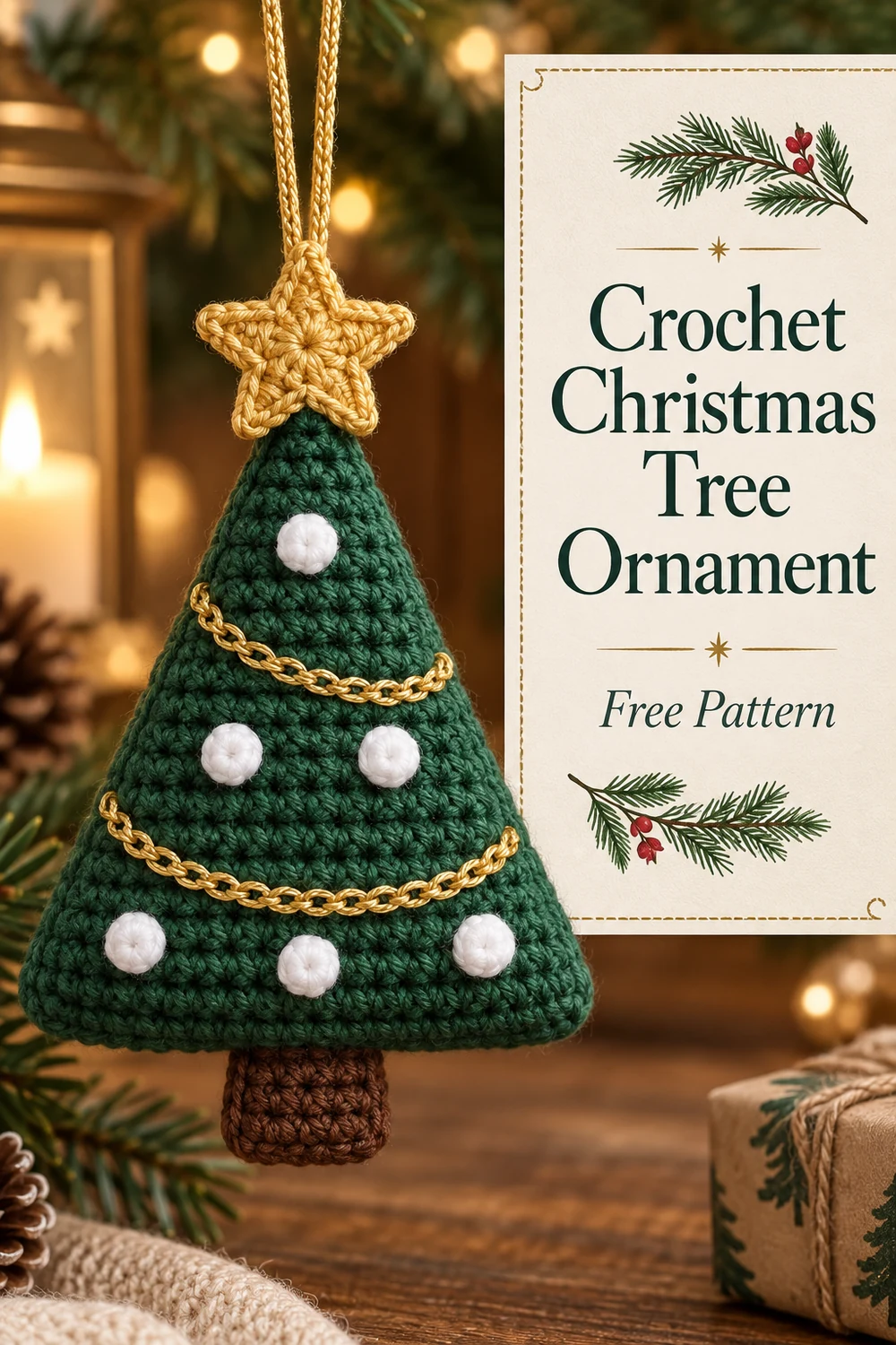 Vertical graphic featuring a finished crochet Christmas tree ornament and the title Crochet Christmas Tree Ornament Free Pattern