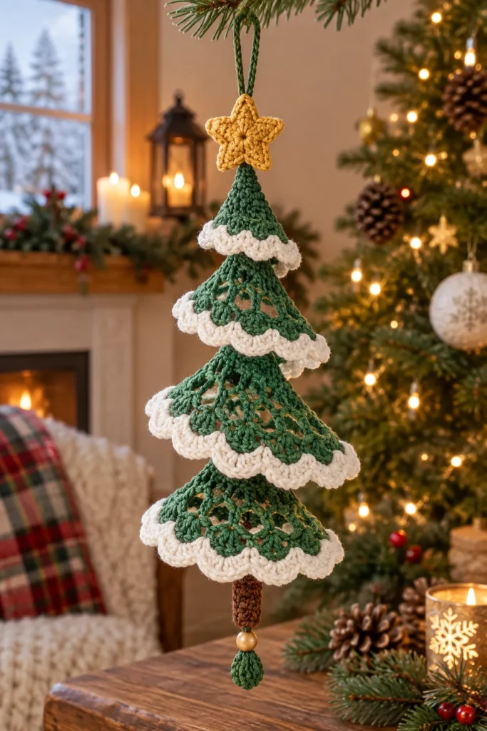 Finished Crochet Christmas Tree Spiral Hanging Ornament crochet project displayed clearly.