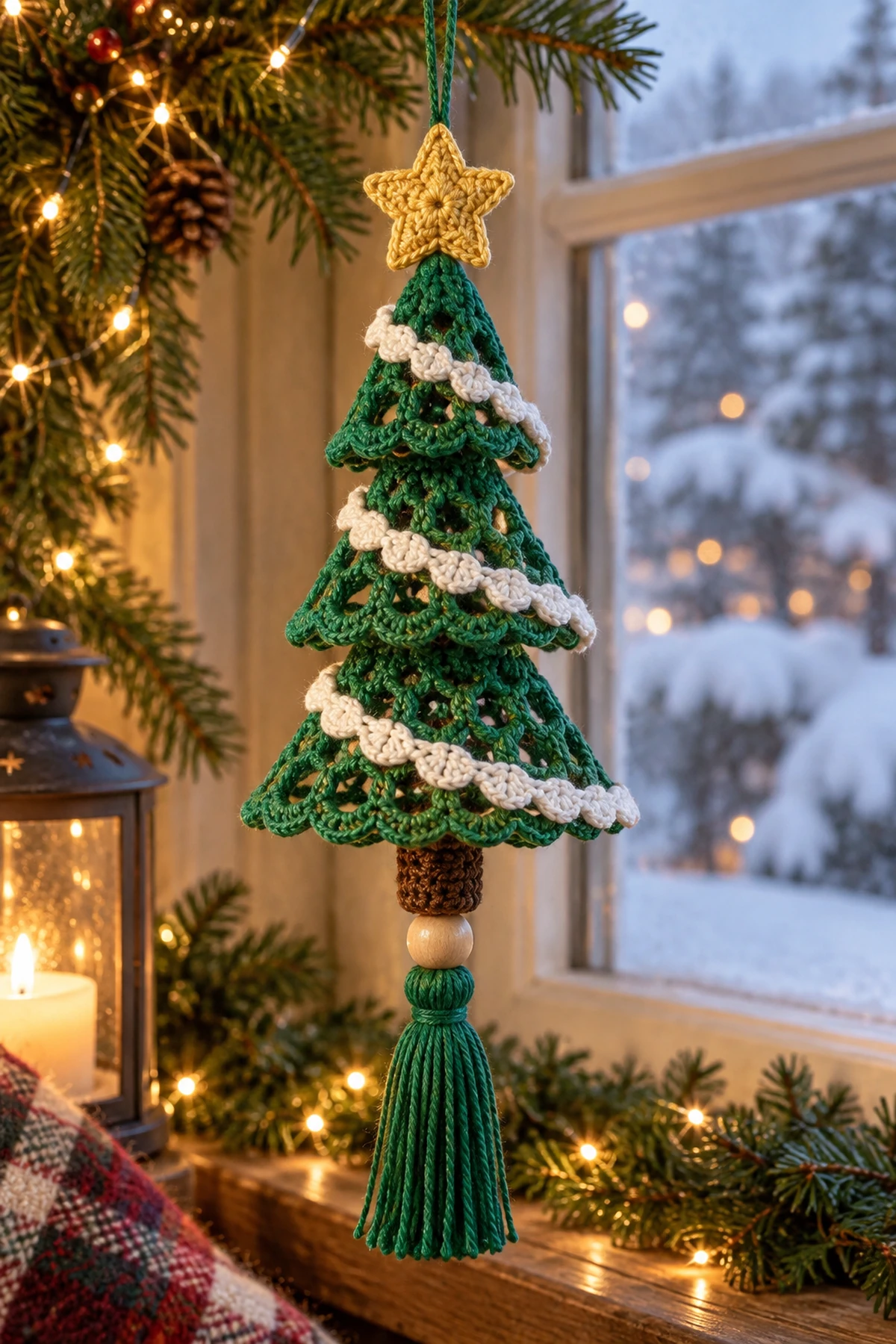 Crochet Christmas Tree Spiral Hanging Ornament: final lifestyle view.