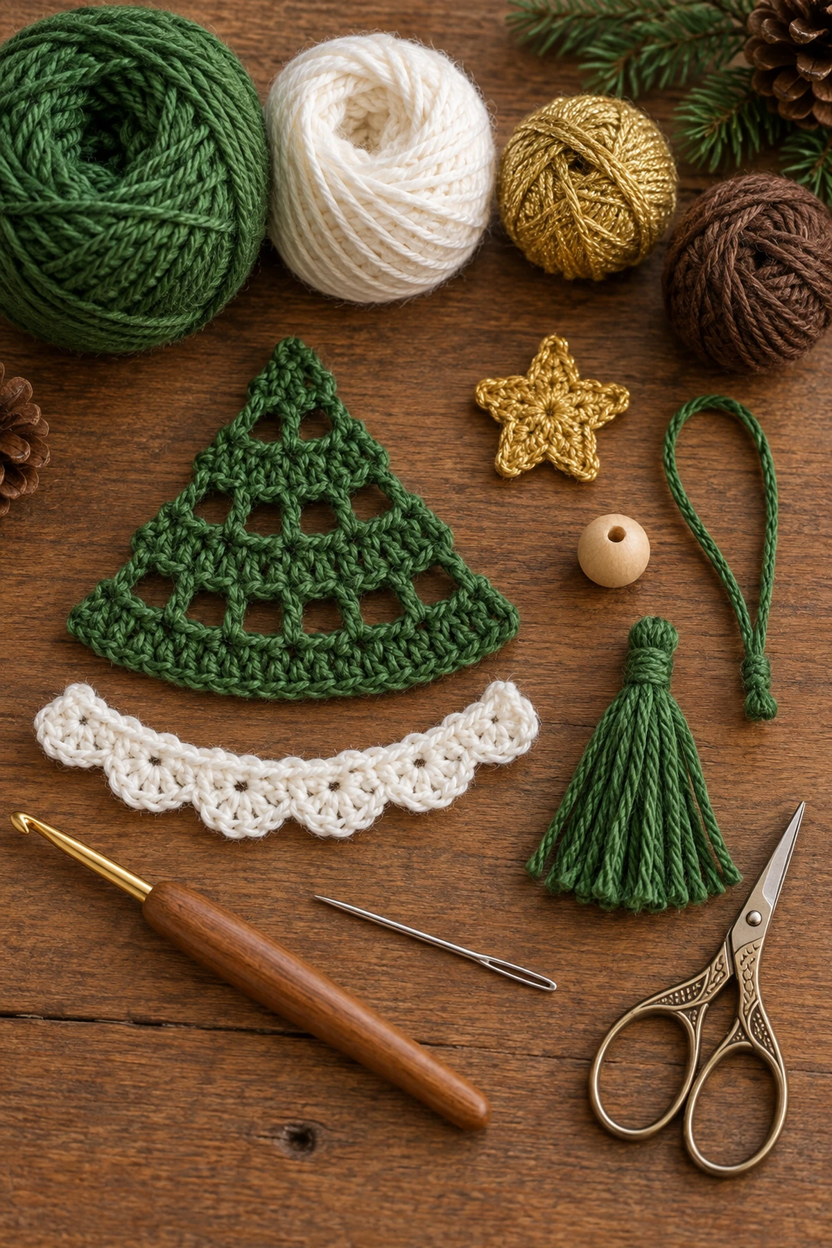 Crochet Christmas Tree Spiral Hanging Ornament: materials view.