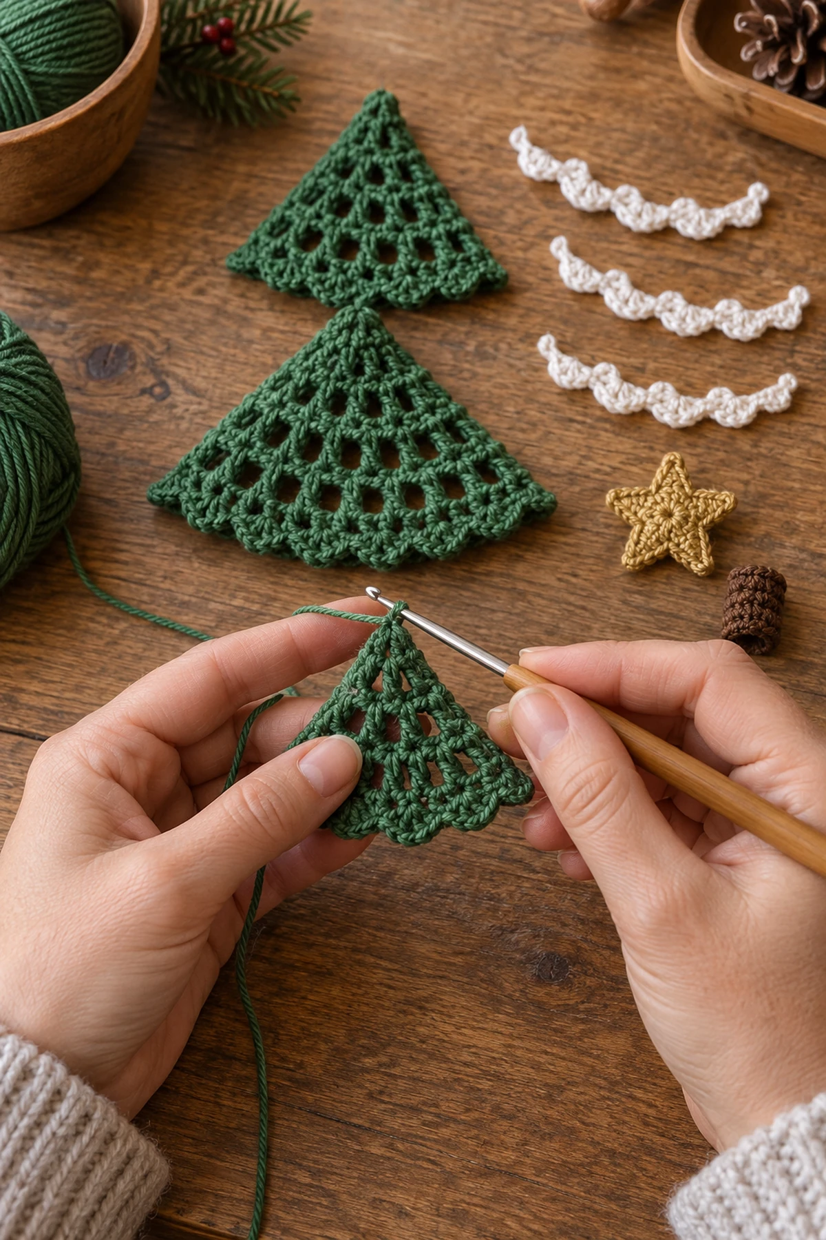 Crochet Christmas Tree Spiral Hanging Ornament: progress 01 view.
