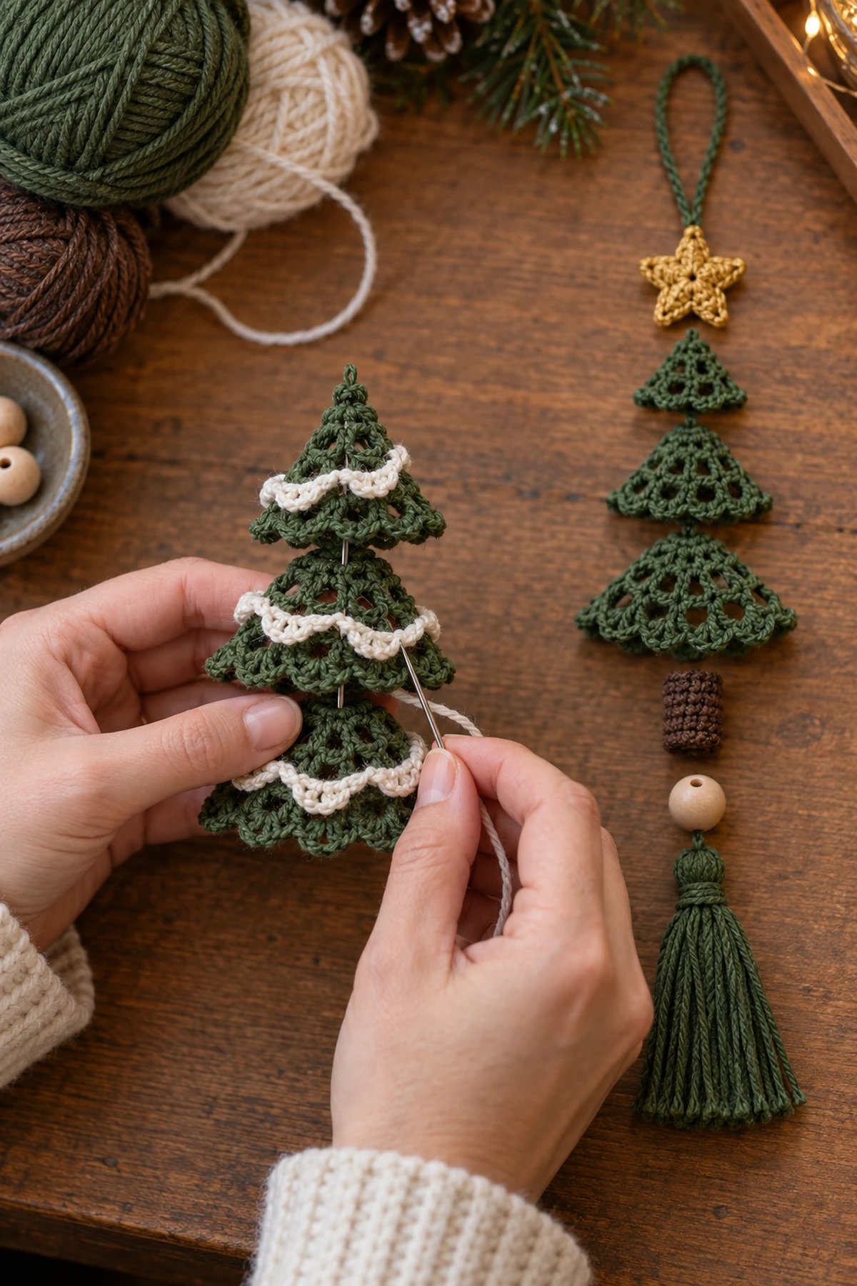 Crochet Christmas Tree Spiral Hanging Ornament: progress 02 view.